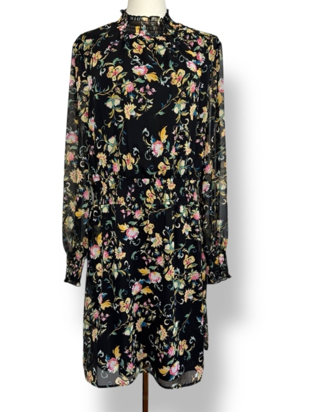 Daniel Rainn Midi Floral Black Pink Long Sleeve Smocked Dress Size Large
